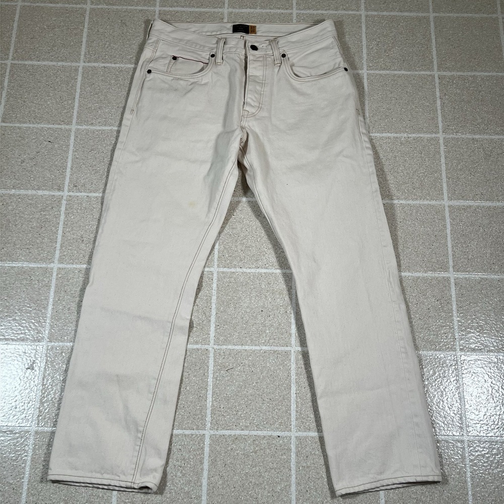 J Crew 770 Jeans Mens 30X29 Off White Selvedge Denim Button Fly Straight Fit